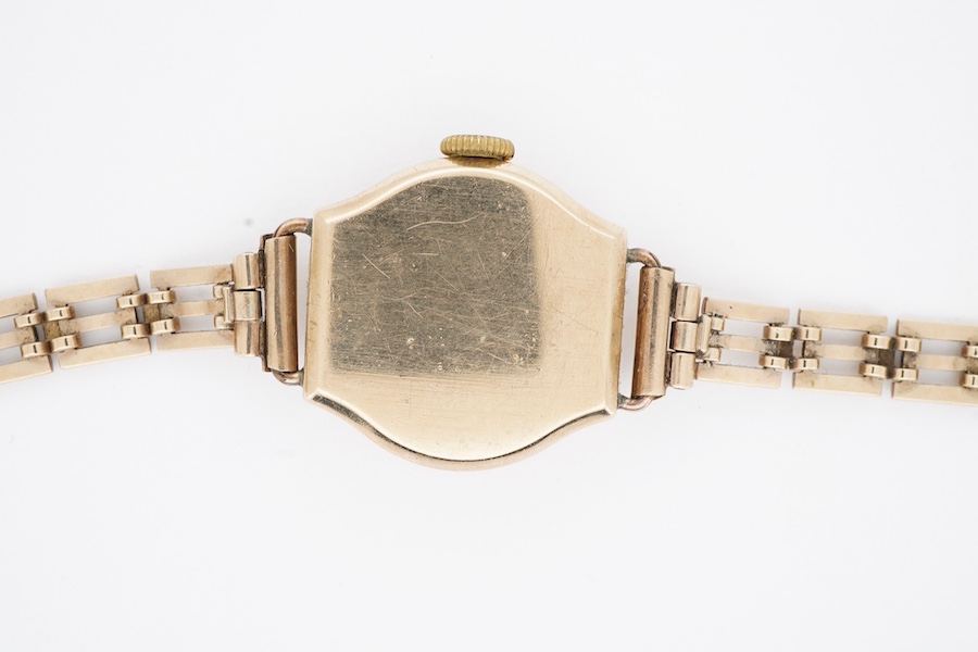 A lady's 1970's 9ct gold Summit manual wind wrist watch, with Arabic dial and subsidiary seconds, on a 9ct gold bracelet, case diameter 21mm, overall length 18.2cm, gross weight 16.3 grams.